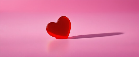 Shiny heart shaped ornament casting a long shadow on a pink background. Elegant heart ornament standing alone in a pink, minimal setting.