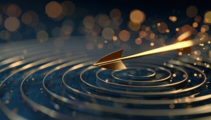Fototapeta premium Golden arrow hitting target, dark background, success concept, marketing