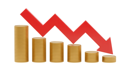 Falling coin stacks with downward arrow signal financial loss, making it ideal for illustrating economic downturns, investment risks, or business failures in presentations