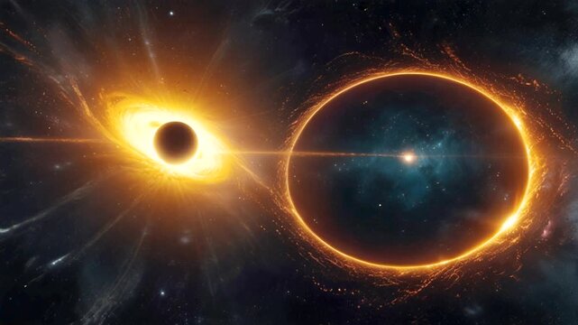 Two very large astronomical objects in the darkness of space. On the left, there is a supermassive black hole surrounded by an accretion disk that glows orange and yellow, emitting a very bright light
