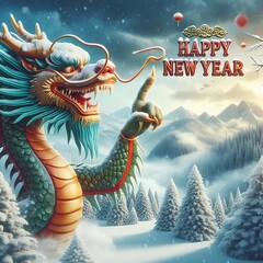 Chinese Dragon pointing his finger at a Happy New Year text in the sky, winter Christmas snowy landscape background, pine trees, Christmas and new years carD, created with generative ai