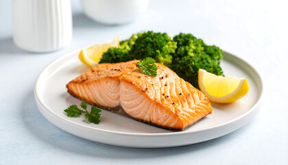 Healthy food, Grilled salmon fillet with steamed broccoli and lemon wedges	