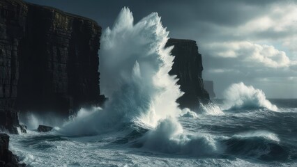 Massive Ocean Wave Explodes Against Dark, Rugged Sea Cliffs Under Dramatic Overcast Sky, Nature's Raw Power