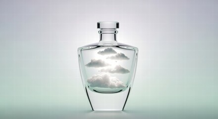 Glass Bottle Containing Fluffy White Clouds on Gradient Background