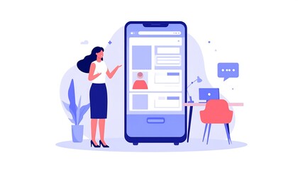 A woman presents a user profile on a large smartphone screen, illustrating a mobile app for business or social networking.