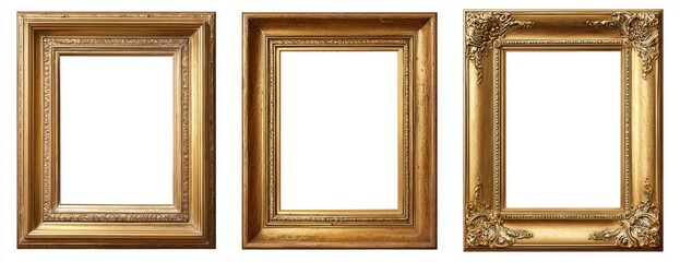 Three gold-toned picture frames with ornate details