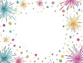 Colorful fireworks and stars border on white