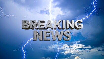 Urgent Breaking News headline concept. 3D metallic text on a background of a dramatic lightning storm.