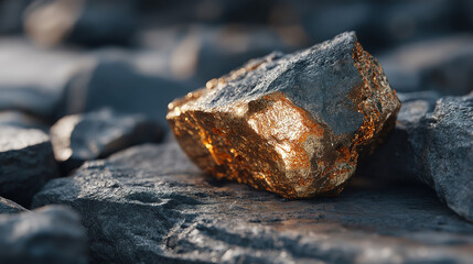 Fototapeta premium Golden nugget shines among dark rocks symbolizing hidden value discovery and rare success