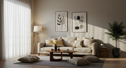 Cozy Living Room with Modern Sofa, Floor Lamp, and Abstract Art