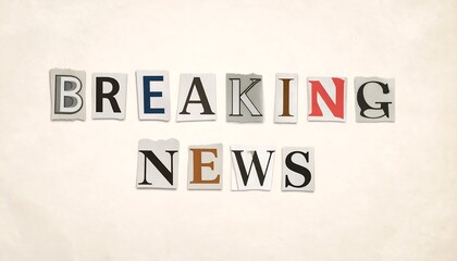 Breaking news headline concept with letters cut from newspapers. Urgent information and media announcement collage.