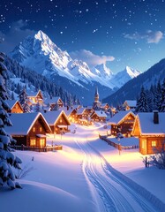 Fototapeta premium Snowy alpine village at night