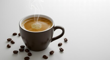 A steaming cup of coffee with scattered coffee beans on a white surface in a bright and clean setting