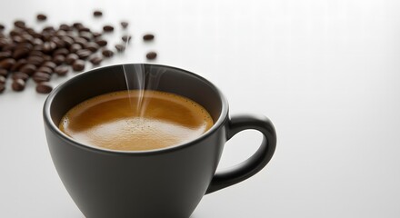 Obraz premium A close up of a black coffee cup with coffee beans in the background on a white surface top view shot