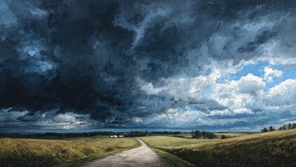 A dramatic landscape painting shows a winding dirt road disappearing into a vast field, under a sky of towering dark clouds and scattered patches of vibrant blue.  