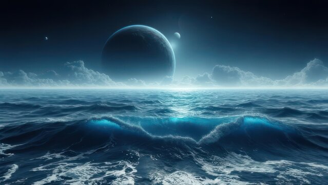 Cosmic Seascape: Luminous Waves Crash Under a Triple Planetary Sky