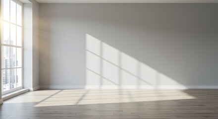 Fototapeta premium Empty room with large window and sunlight casting shadows on wooden floor