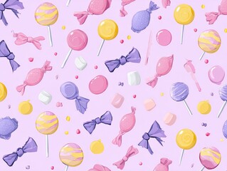 Pastel candy pattern.  Sweet treats in various shades of pink, purple, and yellow. Lollipops, wrapped candies, bows, and marshmallows are scattered across a light purple background. 