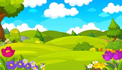 Fototapeta premium Colorful illustration of a springtime landscape with hills, trees, and flowers.