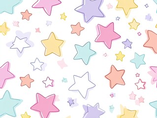 Pastel star pattern on white.  A repeating pattern of simple, outlined stars in various pastel colors?light pink, lavender, peach, yellow, light blue?on a white background.  