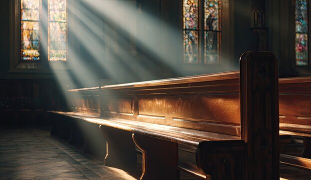 Sunbeams illuminate church pews, stained glass backdrop, peaceful worship