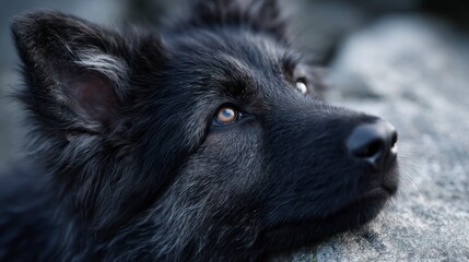 Naklejka premium Close up of a black dog's face with piercing brown eyes looking upwards