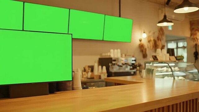 Blank green screen digital menu boards in a cozy cafe setting. An ideal video mockup template for advertising on multiple displays over a counter.