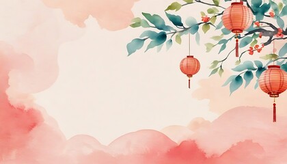 Chinese oriental watercolor background with traditional paper lanterns, created with generative ai