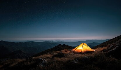 Illuminated tent on mountain peak, starry night, adventure, camping