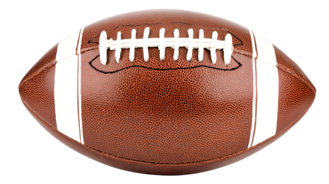 Brown American football with white stripes and laces, sport equipment on transparent background