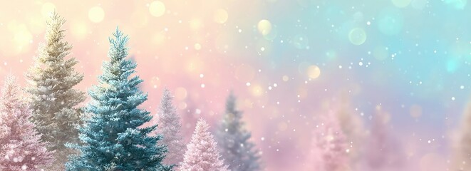 Winter wonderland scene with snow-covered trees and pastel colors