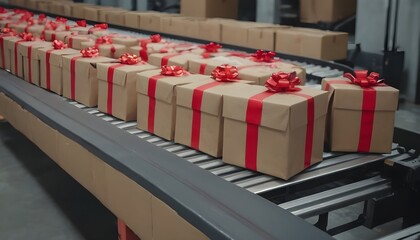 Valentine's day gift box packages seamlessly moving along a conveyor belt in a warehouse. Cardboard, presents, created with generative ai