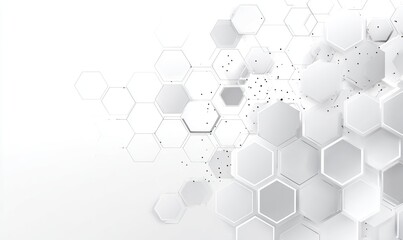 Abstract white hexagonal pattern.  Layered, interconnected hexagons fill the image, creating a complex, three-dimensional effect.  Small, scattered dots punctuate the space between the shapes