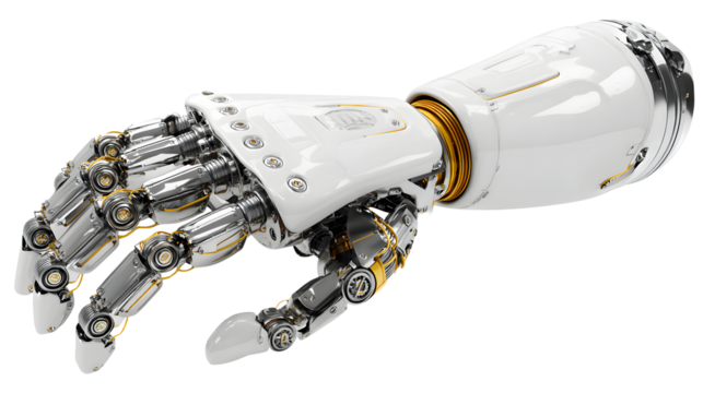 Metallic robotic arm, advanced technology, and artificial intelligence on transparent background