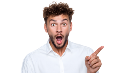 Surprised man pointing, with open mouth, expressing shock on transparent background