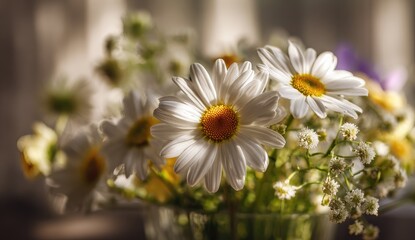 Obraz premium Sunlit Daisies in Vase, Window Background, Spring Bouquet