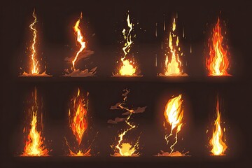 Collection of stylized fire and lightning effects.  Various fire and lightning  animations,  different sizes and shapes.  Dark background