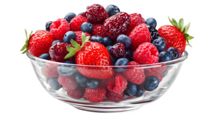 Fresh mixed berries in a glass bowl, healthy eating concept on transparent background