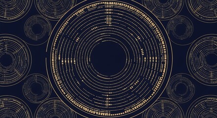 Elegant dark blue background with golden circle shapes and intricate linear details. Concept for astrology charts, occult symbol and tech interface.