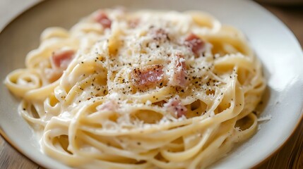 Serving of Creamy Pasta with Cheese and Bacon on Plate