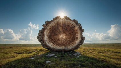 A massive tree trunk cross-section, centered in a sun-drenched field, against a vibrant blue sky dotted with fluffy white clouds.  The sun is directly above, radiating light through the wood's rings