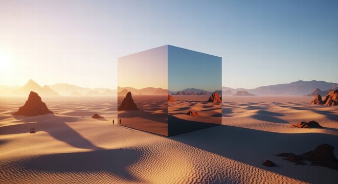 A reflective black cube stands alone in a vast, sun-drenched desert landscape, mirroring the surrounding mountains and hazy sky.