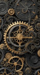 Obraz premium Intricate gears and clockwork mechanisms in dark gold and gray. A complex, detailed design