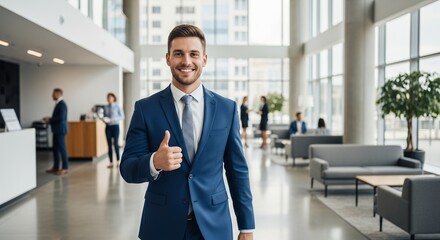 Fototapeta premium Smiling businessman in a blue suit gives a thumbs up in a modern office space. Concept for corporate communication, internal branding, and client relations.