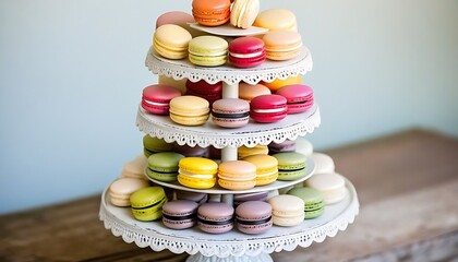 Colorful-assortment-of-macarons-displayed-on-a-vintage-cake-stand, created with generative ai