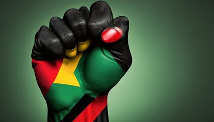 Concept art of a black fist to represent Black History Month vibrant African colors red , green, yellow and black ,created with generative ai