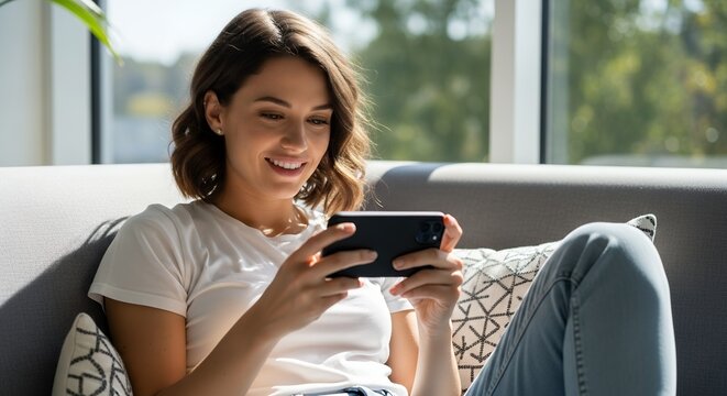 Smiling young woman holds smartphone horizontally on a sofa in a sunlit room. Concept for mobile gaming, social media engagement and home entertainment. - Powered by Adobe