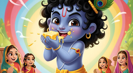 Fototapeta premium Adorable cartoon depiction of baby krishna enjoying a delicious sweet treat with devotees watching joyfully