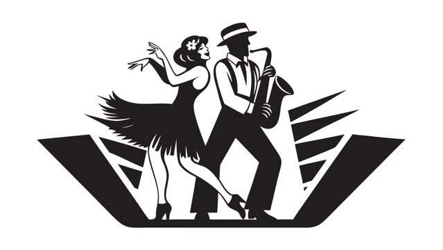 Silhouette of a jazz musician playing saxophone and a flapper dancer in a vintage style design element