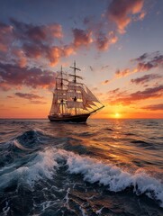 Fototapeta premium Sailing ship at sunset (1)
